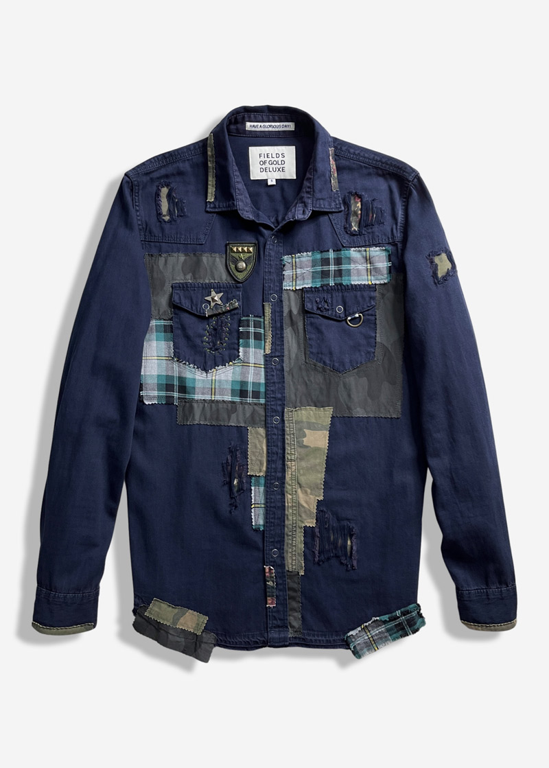1 CAMO & PLAID PATCHWORK DISTRESSED WESTERN DENIM SHIRT
