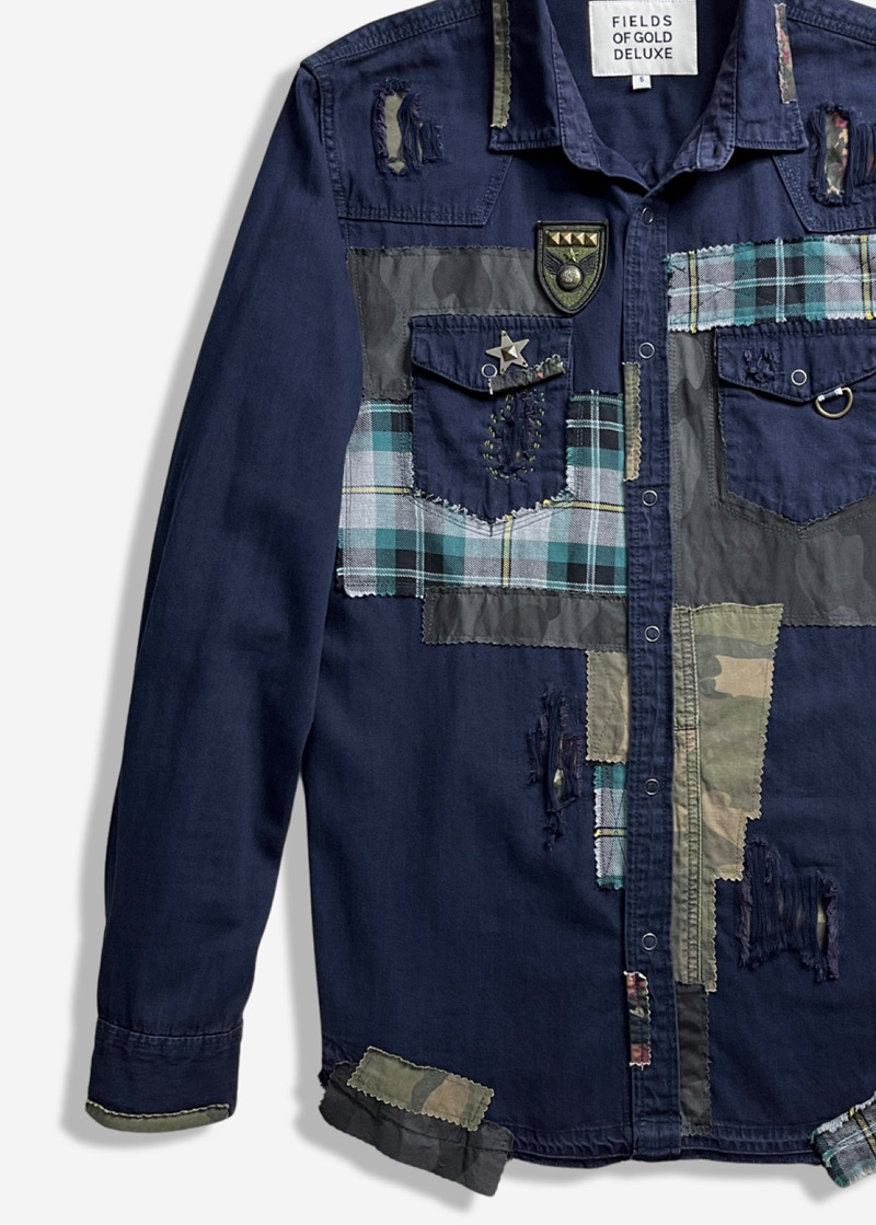 2 CAMO & PLAID PATCHWORK DISTRESSED WESTERN DENIM SHIRT