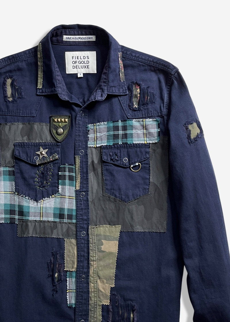 5 CAMO & PLAID PATCHWORK DISTRESSED WESTERN DENIM SHIRT